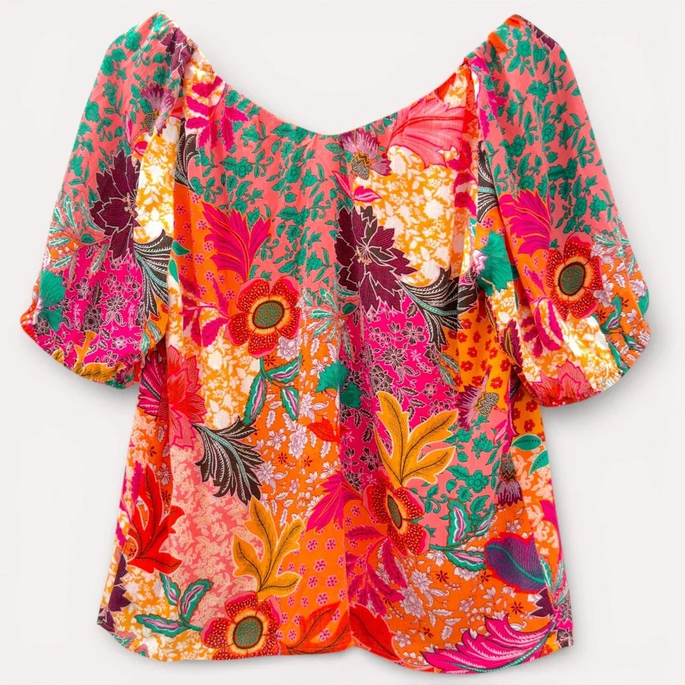 LOFT‎ XS NWT Floral Patchwork Blouse Puff Sleeve Orange Lined Boho Top Tropical